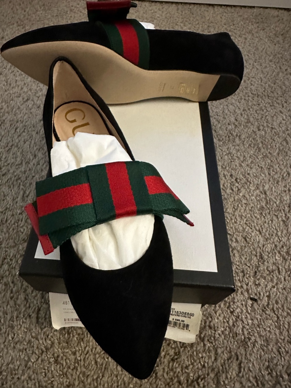 Gucci Web Bow Black Suede Ballet Flats Size 37 NIB - Picture 4 of 8
